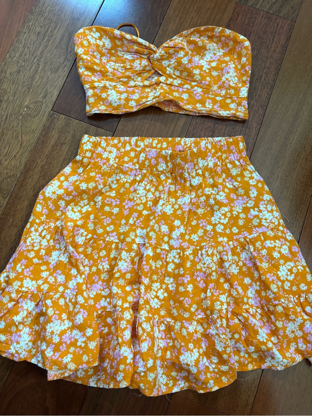 Sky to Moon Orange Floral Tiered Mini Skirt and Tube Top Set - Picture 2 of 4